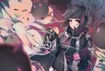  1girl animal_ear_headphones animal_ears artist_name asakura_neko bag belt black_gloves black_hair black_jacket black_shirt cat_ear_headphones cat_ears character_name chinese_commentary commentary_request compression_shirt covered_navel cytus cytus_ii dust_cloud explosion fake_animal_ears fang fingerless_gloves gas_mask gloves headphones highres holding jacket mask meowbot multicolored_hair open_mouth pink_hair popped_collar purple_eyes shirt short_hair shoulder_bag skin_fang smile streaked_hair trove white_belt wind 