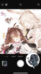  2girls :d ^^^ ahoge angelina_(arknights) animal_ear_fluff animal_ears arknights black_gloves brown_hair chinese_commentary closed_eyes commentary_request doctor_(arknights) doodle_inset fake_phone_screenshot fake_screenshot fang freckles gloves grey_eyes hair_between_eyes hand_on_another's_shoulder highres jacinta_(arknights) long_hair long_sleeves looking_at_another multiple_girls open_mouth rabbit_ears rabbit_girl raccoon_ears raccoon_girl sancai_zhenbai smile surprised sweatdrop tearing_up thick_eyebrows thumpy_(arknights) timeslot_(arknights) upper_body viewfinder white_background white_hair 