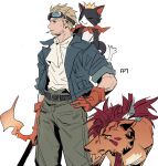  2boys ascot beard_stubble belt belt_buckle blonde_hair blue_jacket brown_gloves buckle cait_sith_(ff7) cat cid_highwind cigarette commentary_request crown facial_hair feet_out_of_frame final_fantasy final_fantasy_vii fire flame-tipped_tail garbage_paper gloves goggles goggles_on_head grey_pants hand_on_own_hip highres jacket korean_commentary male_focus mini_crown mouth_hold multiple_boys open_clothes open_jacket orange_fur pants red_hair red_xiii shirt short_hair simple_background standing stubble tail white_ascot white_background white_shirt 