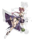  1girl absurdres animal_ears arknights bare_shoulders bikini bikini_shorts black_bikini black_choker black_shorts braid braided_ponytail breasts brown_eyes choker cleavage coat coat_partially_removed collarbone eyewear_on_head food from_side fruit full_body hair_ornament highres lin_(arknights) lin_(summer)_(arknights) lipgloss long_hair looking_at_viewer medium_breasts mouse_ears mouse_girl mouse_tail navel purple_coat purple_hair shorts single_bare_foot skindentation soles sunglasses swimsuit swimsuit_cover-up tail thigh_strap toes watermelon wu_xian_heping zoom_layer 