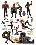  1girl 6+boys afro animal_print black_hair blue_shirt bodysuit brown_hair chan_(flesh.png) commentary converse english_commentary english_text flexing guitar hands_on_own_head highres hobie_brown_(spider-punk) hood hooded_bodysuit instrument jacket lego long_sleeves marvel miguel_o'hara multicolored_bodysuit multiple_boys multiple_views pants plaid_clothes plaid_pants print_bodysuit shirt shoes short_hair short_sleeves sitting sneakers speech_bubble spider-gwen spider-man spider-man:_across_the_spider-verse spider-man_(2099) spider-man_(miles_morales) spider-man_(original_suit) spider-man_(series) spider-punk spider-verse spider_print spider_web_print standing superhero_costume two-tone_bodysuit very_short_hair white_background 