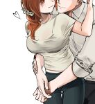  1boy 1girl alternate_costume bleach blush bra_visible_through_clothes breasts brown_eyes brown_hair casual closed_mouth colored_eyelashes commentary couple cowboy_shot eyes_out_of_frame green_pants grey_shirt head_out_of_frame heopoong_weonseo hetero highres hug hug_from_behind inoue_orihime kurosaki_ichigo large_breasts long_sleeves looking_at_another low_ponytail midriff nose pants ponytail shirt short_sleeves simple_background sleeves_rolled_up smile thigh_gap v_arms white_background 