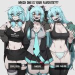  3girls ace_glitch alternate_costume animal_collar aqua_panties arm_around_neck arm_behind_head arm_up armpits asymmetrical_legwear black_choker black_gloves black_nails black_sports_bra black_tank_top blue_eyes blue_hair blush breasts cardigan character_doll choker cleavage clenched_teeth clothes_writing collar commentary cross cross_necklace cross_pendant detached_sleeves doll double-parted_bangs english_commentary english_text fangs fingerless_gloves fingernails gloves grey_shirt hair_between_eyes hair_down hair_ornament hairclip half-closed_eye half-closed_eyes hand_up hatsune_miku head_tilt highres holding jewelry large_breasts legs_together long_hair looking_at_viewer messy_hair middle_finger midriff miniskirt mismatched_legwear mismatched_pupils multiple_girls multiple_persona nail_polish navel necklace necktie open_cardigan open_clothes open_mouth pale_skin panties panty_straps pendant raised_inner_eyebrows red_eyes saliva sharp_teeth shirt side-by-side skindentation skirt sleeves_past_wrists smile sports_bra stomach striped_clothes striped_panties striped_thighhighs sweat symbol-shaped_pupils take_your_pick tank_top teeth thigh_strap thighhighs twintails underwear underwear_only uneven_eyes v very_long_hair vocaloid white_panties x-shaped_pupils zettai_ryouiki 