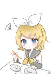  1girl :t absurdres arm_warmers blonde_hair blue_eyes blush chopsticks closed_mouth commentary eating food grey_arm_warmers grey_sailor_collar hair_ornament hair_ribbon hairclip highres holding holding_chopsticks kagamine_rin neckerchief parallel_hairclips parted_bangs ria_art ribbon sailor_collar shirt short_hair simple_background sleeveless sleeveless_shirt solo squiggle swept_bangs tearing_up upper_body vocaloid white_background white_ribbon white_shirt yellow_neckerchief 