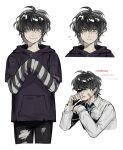  1boy absurdres ahoge bandaid bandaid_on_face bandaid_on_finger bandaid_on_hand biting black_hair black_hoodie black_pants blue_necktie chongwenziren collared_shirt cowboy_shot cropped_torso degrees_of_lewdity earrings flying_sweatdrops green_eyes hair_between_eyes hands_up highres hood hood_down hoodie jealous jewelry kylar_(degrees_of_lewdity) kylar_(male)_(degrees_of_lewdity) layered_sleeves long_sleeves looking_at_viewer lower_eyelashes_only male_focus male_yandere multiple_views nail_biting necktie nervous_smile nostrils pants parted_lips school_uniform shirt short_hair short_over_long_sleeves short_sleeves simple_background sleeves_past_wrists smile straight-on striped_clothes striped_shirt sweatdrop torn_clothes torn_pants wavy_hair white_background white_shirt yandere 
