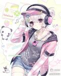  1girl :o ahoge blue_shorts blush breasts commission cowboy_shot grey_shirt hair_ornament hairclip hand_up headphones heimao_haizei_chuan heisei_retro highres hood hood_down hooded_jacket jacket jewelry layered_sleeves leaning_to_the_side long_sleeves looking_at_viewer medium_breasts mihuashi_commission necklace notebook open_clothes open_jacket original panda parallel_hairclips parted_lips pink_eyes pink_jacket safety_pin shirt short-sleeved_jacket short_hair short_over_long_sleeves short_shorts short_sleeves shorts solo star_(symbol) star_hair_ornament striped_sleeves t-shirt thighhighs treble_clef visor_cap white_hair white_thighhighs yabi_fashion 