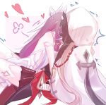  2girls bare_shoulders blush bow brown_hair columbina_(genshin_impact) commentary dregs dress fatui_coat genshin_impact gloves hair_bow hair_ornament hair_ribbon heart highres hood hood_up kiss long_hair multiple_girls ponytail purple_hair ribbon sandrone_(genshin_impact) simple_background sitting very_long_hair white_background white_gloves wing_hair_ornament yuri 