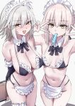  2girls absurdres ahoge apron artoria_pendragon_(fate) bikini black_bikini blonde_hair blush breasts choker commentary cosplay detached_collar double_v earrings fate/grand_order fate_(series) food frilled_bikini frilled_choker frilled_thigh_strap frills grey_hair highres jeanne_d'arc_alter_(fate) jewelry looking_at_viewer maid maid_bikini maid_headdress multiple_girls notonaon popsicle saber_alter saber_alter_(swimsuit_rider)_(second_ascension) saber_alter_(swimsuit_rider)_(second_ascension)_(cosplay) short_hair small_breasts stud_earrings swimsuit thigh_strap unconventional_maid untranslatable_commentary v waist_apron yellow_eyes 