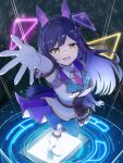  1girl animal_ear_hairband animal_ears birthday boots braid breasts collared_shirt commentary contrast_lapels elbow_gloves fake_animal_ears from_above gloves hair_ornament hairband highres idol_clothes jacket knee_boots lapels layered_skirt les_trois long_hair looking_at_viewer mole mole_under_eye necktie nijisanji open_mouth outstretched_arm purple_hair purple_necktie reaching reaching_towards_viewer shirt shizuka_rin shizuka_rin_(recollection) skirt smile solo tail virtual_youtuber white_boots white_gloves white_shirt yellow_eyes 