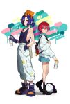  1boy 1girl absurdres amate_yuzuriha aqua_eyes aqua_shirt aqua_skirt black_boots black_shirt blue_gloves blue_hair boots cargo_pants commentary conch_(gundam) ensign_(i_can_friday_by_day!) from_side full_body gloves graffiti gundam gundam_gquuuuuux hand_in_pocket haro highres holding holding_spray_can i_can_friday_by_day! momote paint_splatter paint_splatter_on_face pants pleated_skirt red_eyes red_hair robot school_uniform shirt short_hair shuji_ito skirt spray_can standing sweater untranslatable_commentary white_pants white_sweater 