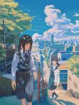  2girls black_dress black_hair black_socks blue_sky chainsaw_man cityscape cloud commentary_request dress handrail kimi_no_na_wa. long_hair long_shirt long_sleeves looking_at_another mitaka_asa multiple_girls neck_ribbon outdoors pinafore_dress real_world_location red_eyes ribbon scar scar_on_cheek scar_on_face scar_on_nose scenery shinjuku_(tokyo) shirt shoes skirt sky sleeveless sleeveless_dress socks stairs suga_shrine_otokozaka suspender_skirt suspenders tokyo twintails white_shirt white_shoes yao_liao_wang yoru_(chainsaw_man) 