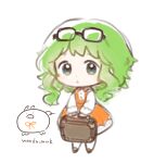  1girl brown_shoes chibi chibi_only closed_mouth commentary dot_nose dress eyewear_on_head full_body glasses green_eyes green_hair gumi holding holding_suitcase long_sleeves orange_dress pinafore_dress shirt shoes short_hair simple_background sleeveless sleeveless_dress solo standing suitcase twitter_username vocaloid wandu_mook white_background white_shirt 