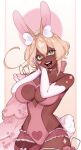  1girl ahoge animal_ears back_bow bow breasts choker cleavage_cutout clothing_cutout commentary dark-skinned_female dark_skin frills green_eyes hair_between_eyes heart heart_ahoge heart_choker highres leotard maplekeurig original pink_bow pink_choker pink_leotard pink_nails rabbit_ears rabbit_tail short_hair sidelocks solo tail untranslatable_commentary white_sleeves 