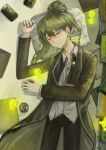  1boy ascot black_ascot black_pants blush book book_stack brooch can closed_mouth coat collared_shirt commentary_request cowboy_shot dress_shirt drink_can drunk eyebrow_cut floor_of_art's_glowing_creature folded_ponytail from_above gem green_ascot green_coat green_gem green_hair highres jewelry lapels library_of_ruina long_hair long_sleeves lying male_focus netzach_(project_moon) on_back open_collar pants partial_commentary project_moon shirt sidelocks solo sugata92 translation_request undone_ascot white_shirt yellow_eyes 