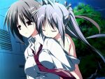  2000s_(style) 2girls belt_collar breasts brown_eyes brown_hair carrying carrying_person closed_eyes collar cross cross_print crying crying_with_eyes_open from_side game_asset hair_between_eyes hair_intakes hair_ornament hairclip jitome kagome_(traumatize) kita_high_school_uniform_(subarashiki_hibi) large_breasts loose_necktie minakami_yuki multiple_girls necktie non-web_source nude official_art outdoors parallel_hairclips piggyback print_necktie raised_inner_eyebrows red_necktie school_uniform self-datamine shirt short_sleeves subarashiki_hibi tearing_up tears twintails variant_set visual_novel_cg wakatsuki_kagami white_shirt 