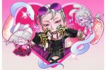  3boys a.k.i._(outfit_3)_(street_fighter) a.k.i._(street_fighter) animal_ears bandage_on_face bandage_over_one_eye bandaged_head bandaged_leg bandages black_gloves blonde_hair bracelet candy chibi chibi_inset claw_(weapon) claws closed_eyes earrings east_asian eyeshadow eyewear_on_head food fruit gloves grey_hair hair_over_one_eye hair_slicked_back highres holding jewelry jlxy0907 lipstick long_hair looking_at_viewer makeup male_focus mini_person miniboy multiple_boys multiple_girls official_alternate_costume one_eye_covered pink_background purple_eyes purple_eyeshadow purple_lips rabbit_ears rabbit_tail short_hair siblings smile snake sparkle strawberry street_fighter street_fighter_6 sunglasses tail tinted_eyewear upper_body weapon white_hair 