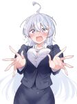  1girl @_@ black_jacket black_skirt black_suit blush breasts business_suit button_gap collared_shirt commentary_request copyright_name cover cover_page grey_hair hair_between_eyes hair_ornament highres hiwamura_hiyori jacket kamio_fukuchi large_breasts long_hair long_sleeves looking_at_viewer manga_cover office_lady open_mouth pencil_skirt purple_eyes shirt skirt solo suit sweat teacher upper_body white_background white_shirt x_hair_ornament yowa_yowa_sensei 