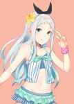  1boy alternate_costume bare_shoulders black_hairband blend_s bow bow_hairband chest_bow closed_mouth clothing_request commentary_request crossdressing crossdressing_(mtf) flower forehead green_bow green_eyes grey_hair groin hair_flower hair_ornament hairband hand_up kanzaki_hideri long_hair long_sidelocks looking_at_viewer male_focus midriff miniskirt navel pink_scrunchie pomuramu red_background scrunchie sidelocks simple_background skirt smile solo standing swimsuit trap very_long_hair w wrist_scrunchie yellow_flower 