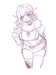  1girl :o absurdres alternate_costume bare_shoulders blush blush_stickers breasts cleavage commentary_request danganronpa_(series) danganronpa_2:_goodbye_despair greyscale hair_ornament hand_up heart highres large_breasts long_sleeves miniskirt monochrome nanami_chiaki nelt pleated_skirt skirt solo thighhighs zettai_ryouiki 