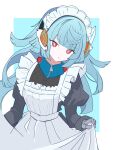  1girl adamski_s-rank_space apron black_dress blue_hair closed_mouth commentary_request dmtokoshie_8 dress duel_masters duel_masters_play's expressionless gauntlets headgear highres holding_own_dress long_hair looking_at_viewer maid maid_headdress red_eyes solo white_apron 