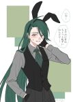  1girl animal_ear_hairband animal_ears black_gloves black_necktie black_pants black_vest blush bright_pupils check_translation commentary_request emelilyv fake_animal_ears gloves green_hair grey_shirt hairband hand_in_pocket long_hair long_sleeves necktie pants pokemon pokemon_scarlet_and_violet rabbit_ear_hairband rabbit_ears red_eyes rika_(pokemon) shirt speech_bubble sweat tie_clip translation_request very_long_hair vest white_pupils 