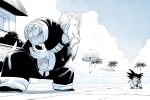  2boys amayuki318 beard black_pants blue_background blue_sky child chinese_clothes cloud cloudy_sky commentary dougi dragon_ball dragon_ball_(classic) duel facial_hair fighting_stance highres jackie_chun kamehameha_(dragon_ball) looking_at_another male_focus martial_arts_belt monkey_tail multiple_boys mustache muten_roushi old old_man palm_tree pants partially_colored powering_up sky son_goku spiked_hair standing tail thick_eyebrows tree white_beard white_hair wristband 