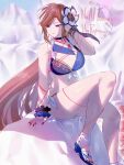  1girl bare_arms bare_legs bare_shoulders bikini blue_eyes bracelet breasts brown_hair choker cleavage commentary feather_hair_ornament feathers fingernails flower hair_flower hair_ornament heart heart_tattoo jewelry large_breasts light_frown light_smile limbus_company long_fingernails long_hair looking_to_the_side multicolored_bikini nail_polish project_moon ring_(identity)_(project_moon) rodion_(project_moon) sandals shiny_skin sitting string string_of_fate swimsuit tattoo thighs untranslatable_commentary zibt_zzz 