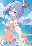  1girl absurdres amane_kanata angel angel_wings bare_shoulders beach bikini colored_inner_hair commentary_request cowboy_shot feathered_wings frilled_bikini frills from_side halo highres hololive looking_at_viewer multicolored_hair ocean open_mouth outdoors outstretched_hand purple_eyes short_hair smile solo swimsuit virtual_youtuber wings ysnhryk 