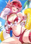  1girl :d ;d absurdres adjusting_eyewear arm_up ball beachball bikini blue_sky breasts cameltoe choker cleavage commentary_request criss-cross_halter day dot_nose double_bikini eyewear_on_head fang halterneck heart heart_o-ring highleg highleg_bikini highres hololive houshou_marine houshou_marine_(jellyfish_swimsuit) jacket jewelry large_breasts looking_at_viewer multicolored_bikini navel necklace neji_mawashi3 o-ring o-ring_bikini o-ring_thigh_strap official_alternate_costume one_eye_closed open_mouth outdoors pixel_sunglasses red_bikini red_choker red_eyes red_hair single_off_shoulder sitting sky smile solo stomach sunglasses swim_ring swimsuit thigh_strap two-tone_bikini virtual_youtuber white_bikini white_jacket 