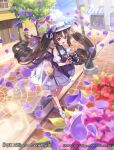  1girl :d arane_(z/x) bare_shoulders black_hair blue_sky bow brown_sandals building camera camera_around_neck cloud commentary_request day detached_sleeves dress fang flower hat hat_bow highres holding holding_camera horizon lamppost long_hair looking_at_viewer ocean official_art outdoors petals pink_flower plaid_bow puffy_short_sleeves puffy_sleeves purple_bow purple_dress purple_wings red_eyes red_flower ringlets sandals shirt short_sleeves sky sleeveless sleeveless_shirt smile solo standing tree twintails very_long_hair water white_hat white_shirt white_sleeves wings yuko_(uc_yuk) z/x 