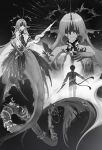  1boy 1girl absurdres bisqqque breasts center_opening commentary covered_eyes facing_another fins greyscale head_fins highres holding holding_sword holding_weapon horns jacket large_breasts leviathan_(wuthering_waves) long_hair long_horns male_rover_(wuthering_waves) merfolk mermaid monochrome monster_girl multiple_views pants rover_(wuthering_waves) single_horn smile sword untranslatable_commentary weapon wuthering_waves 