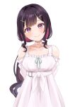  1girl absurdres alternate_breast_size_(larger) arm_behind_back azki_(hololive) azki_(yurufuwa_casual)_(hololive) bare_shoulders black_hair black_sash breasts center-flap_bangs choker colored_inner_hair commentary cowboy_shot double-parted_bangs dress empire_waist frilled_dress frills hair_intakes hair_ornament hairclip head_tilt heart heart_choker highres hololive idon_oidon long_hair low_twintails medium_breasts multicolored_hair multiple_hairclips off-shoulder_dress off_shoulder official_alternate_costume official_alternate_hairstyle pink_choker pink_hair pink_streaks purple_eyes sash sidelocks simple_background solo streaked_hair twintails upper_body very_long_hair virtual_youtuber white_background white_dress white_streaks x_hair_ornament 