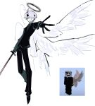  1boy black_gloves black_suit coldified curtained_hair feathered_wings floating full_body giiio0716 gloves halo headband highres holding holding_sword holding_weapon male_focus minecraft minecraft_youtube multiple_wings outstretched_arm reference_inset short_hair smirk solo suit sword weapon white_hair white_wings wings 