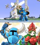  1boy 1girl angel_wings armor blue_armor breastplate cosplay fake_horns green_eyes green_hair helmet highres holding holding_shield holding_staff holding_sword holding_weapon horned_helmet horns kicdon kid_icarus long_hair multiple_boys palutena robe shield shield_knight shield_knight_(cosplay) shovel_knight shovel_knight_(character) smile staff super_smash_bros. sword weapon winged_helmet wings 