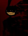  1boy animal_ears commentary crazy_grin crazy_smile dark disintegration grin highres horror_(theme) jax_(the_amazing_digital_circus) looking_at_viewer male_focus notaxuaxi rabbit_ears red_background simple_background smile solo the_amazing_digital_circus 