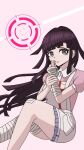 1girl 1shi56 apron bandaged_arm bandaged_hand bandaged_leg bandages bandaid bandaid_on_knee bandaid_on_leg blue_skirt collared_shirt commentary_request crosshair danganronpa_(series) danganronpa_2:_goodbye_despair eyelashes highres holding_own_wrist long_hair mole mole_under_eye pink_background pink_shirt purple_eyes purple_hair ringed_eyes shirt short_sleeves skirt solo tsumiki_mikan variant_set white_apron 