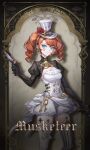  1girl :/ asymmetrical_legwear black_gloves black_shrug blue_eyes border breasts chinese_commentary cleavage commentary_request drill_hair dual_wielding english_text facial_mark feet_out_of_frame flower garter_straps gloves gun handgun hat hat_flower heart heart_facial_mark highres holding holding_gun holding_weapon juliet_sleeves key long_sleeves looking_at_viewer mark_under_eye medium_breasts medium_hair mismatched_legwear mismatched_thighhighs orange_hair original ornate_border ponytail puffy_sleeves red_flower red_rose rose short_jumpsuit shrug_(clothing) solo striped_clothes striped_thighhighs thighhighs top_hat twin_drills vellie_wenv vertical-striped_clothes vertical-striped_thighhighs weapon white_hat white_thighhighs 