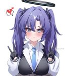  1girl :t absurdres alternate_hairstyle black_gloves black_halo black_jacket blue_archive blue_eyes blue_necktie blush breasts breath closed_mouth collared_shirt double_v dress_shirt embarrassed furrowed_brow gloves hair_between_eyes hair_intakes hair_ornament half_gloves halo hands_up heart highres jacket large_breasts long_hair long_sleeves looking_at_viewer necktie pout purple_hair red_pupils school_uniform shirt simple_background solo speech_bubble spoken_heart taiyaki12 triangle_hair_ornament twintails twitter_username upper_body v white_background white_shirt yuuka_(blue_archive) 