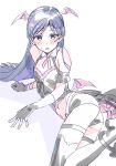  1girl alternate_costume ass black_gloves blue_hair blush brown_eyes commentary_request demon_wings fang fingerless_gloves flat_chest gloves head_wings highres idolmaster idolmaster_(classic) idolmaster_million_live! idolmaster_million_live!_theater_days kisaragi_chihaya long_hair looking_at_viewer low_wings lying monster!_devil_(idolmaster) nozawa_noko on_side purple_wings short_shorts shorts simple_background skin_fang solo thighhighs white_background wings 