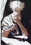  1boy absurdres black_shirt choso_(jujutsu_kaisen) closed_mouth commentary commission contrast cup curtains drinking_glass drinking_straw elbows_on_table english_commentary highres holding holding_cup indoors jujutsu_kaisen looking_at_viewer plant potted_plant red_eyes shadow shirt sitting solo t-shirt table upper_body white_hair zeiame 