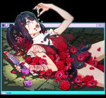  1girl ame-chan_(needy_girl_overdose) artist_request black_hair blood blood_from_eyes blue_eyes boxcutter breasts drugs flower highres long_hair lying needy_girl_overdose on_back open_mouth petals pill pill_in_mouth poppy_(flower) red_flower second-party_source skirt small_breasts solo suspender_skirt suspenders twintails 