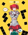  2girls absurdres ahoge anger_vein angry aqua_hair bow bread buttons clenched_teeth commentary_request crossed_arms double-breasted drill_hair food frilled_skirt frills grey_jacket grey_skirt hair_between_eyes hair_bow hatsune_miku highres jacket kasane_teto kasane_teto_(sv) kurokabe_b layered_skirt long_sleeves midriff_peek multiple_girls red_eyes red_hair red_trim shoulder_belt skirt skirt_set speech_bubble spoken_food spoken_sweatdrop standing sweatdrop synthesizer_v teeth tetoris_(synthesizer_v) tetris twin_drills twintails utau vocaloid white_bow yellow_background 
