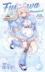  1girl :p ;p absurdres animal_ear_fluff animal_ears apron bandaid bandaid_hair_ornament barcode blonde_hair blue_dress blue_hairband breasts character_name chelly_(glisten_chelly) commentary copyright_name cup dog_ears dog_girl dog_tail dot_nose dress drinking_glass food full_body fuwawa_abyssgard hair_ornament hairband highres holding holding_tray hololive hololive_english large_breasts long_hair maid maid_apron maid_headdress multicolored_hair one_eye_closed outline pink_eyes pudding standing standing_on_one_leg streaked_hair tail tongue tongue_out tray untranslatable_commentary virtual_youtuber waiter white_outline 