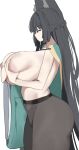  1girl absurdres animal_ears black_hair black_pantyhose blunt_bangs breasts closed_mouth commentary dot_mouth fahufahu fox_ears fox_girl from_side grabbing_own_breast green_jacket groping highres hoshimi_miyabi huge_breasts jacket long_hair pantyhose red_eyes simple_background solo topless_female untranslatable_commentary white_background zenless_zone_zero 