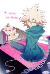  1boy :d baa_runrun blush brown_hair cable cake chain commentary_request danganronpa_(series) danganronpa_2:_goodbye_despair food grey_eyes grey_hair hair_between_eyes highres hood hood_down jacket komaeda_nagito long_sleeves looking_at_viewer looking_back male_focus medium_hair messy_hair multicolored_hair open_clothes pants shirt sitting smile two-tone_hair 