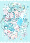  1girl backpack bag bandaid bandaid_on_leg bandaid_on_thigh bare_shoulders blue_background blue_bow blue_hair blue_shoes blue_skirt blush bow bowtie commentary croix_(croixtw) detached_sleeves dot_nose double-parted_bangs double_bun frilled_skirt frills full_body gauze_on_knee green_bow green_bowtie hair_bun hair_intakes hair_ornament hatsune_miku heart heart-shaped_pupils highres holding holding_syringe long_hair long_sleeves looking_at_viewer maid_headdress miniskirt outline parted_lips pill pleated_skirt randoseru shirt shoes sidelocks skirt sleeve_bow sleeveless sleeveless_shirt socks solo symbol-shaped_pupils syringe very_long_hair vocaloid white_bag white_outline white_shirt white_sleeves white_socks wings x_hair_ornament 