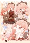  1girl absurdres alternate_costume arknights artist_request bare_shoulders bow brown_bow brown_jacket cake cake_slice chibi chinese_commentary commentary_request commission earrings fish food frilled_skirt frills full_body goldfish hair_bow haruka_(arknights) haruka_(birthday_2025)_(arknights) highres holding holding_stuffed_toy jacket jewelry layered_skirt long_hair long_sleeves looking_at_viewer miniskirt multiple_views off_shoulder one_eye_closed open_mouth pink_hair pointy_ears ponytail red_bow red_shirt sample_watermark second-party_source shirt skirt smile sparkle standing standing_on_one_leg stuffed_animal stuffed_rabbit stuffed_toy watermark 