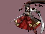  1girl armor black_hair boots brown_background brown_boots commentary_request dual_wielding forehead_protector hair_ribbon hakama hakama_skirt high_ponytail hoku holding holding_sword holding_weapon japanese_armor japanese_clothes looking_at_viewer multiple_swords ponytail red_hakama red_ribbon ribbon scabbard sekaiju_no_meikyuu sekaiju_no_meikyuu_3 sheath shogun_(sekaiju) shogun_2_(sekaiju) shoulder_armor sidelocks simple_background skirt sode solo sword weapon 