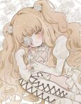  1girl blonde_hair blush boots choker closed_mouth commentary_request dress feet_out_of_frame flower flower_eyepatch frilled_choker frilled_dress frilled_sleeves frills frown highres holding holding_flower juliet_sleeves kirakishou lace-up_boots long_hair long_sleeves lying mashiro on_side puffy_sleeves rose rozen_maiden solo thigh_boots two_side_up very_long_hair wavy_hair white_boots white_choker white_dress white_flower white_rose yellow_eyes 