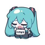  1girl absurdres aqua_hair aqua_trim black_skirt black_sleeves blush_stickers chibi chibi_only closed_eyes commentary crying detached_sleeves grey_shirt hair_ornament hatsune_miku highres korean_text long_hair miratsu_(miratsu169) pleated_skirt shirt sign sign_around_neck simple_background skirt sleeveless sleeveless_shirt sleeves_past_fingers sleeves_past_wrists solo streaming_tears tears translated twintails very_long_hair vocaloid white_background wide_sleeves 